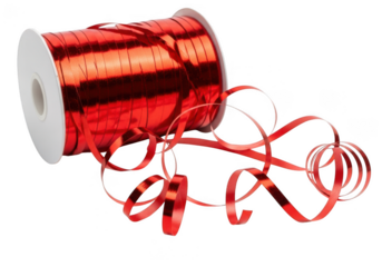 Roll of shiny metallic red curling ribbon unwinding with curls spilling out, isolated on transparent background