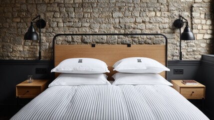 Modern bedroom setting features a neatly made bed against a rustic stone wall backdrop