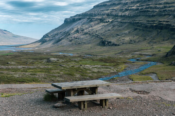 Picnic table overlooking Berufjar&eth;ardalur valley near H&aelig;nubrekkufoss, East Iceland