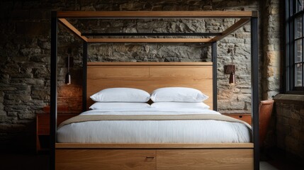 Luxurious wooden four poster bed rests against a rustic stone wall in a dimly lit room