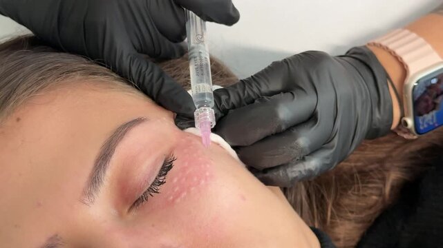 Cosmetologist performs biorevitalization injections under a woman's eye during anti-aging mesotherapy procedure in beauty clinic, close-up view.