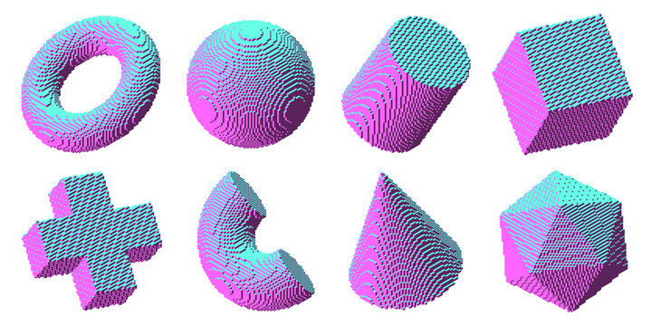 Set of voxel geometric shapes. Futuristic voxelized 3d figures with colorful pink blue gradient. Different volumetric figures in voxel style with retro futuristic aesthetic for digital project. PNG