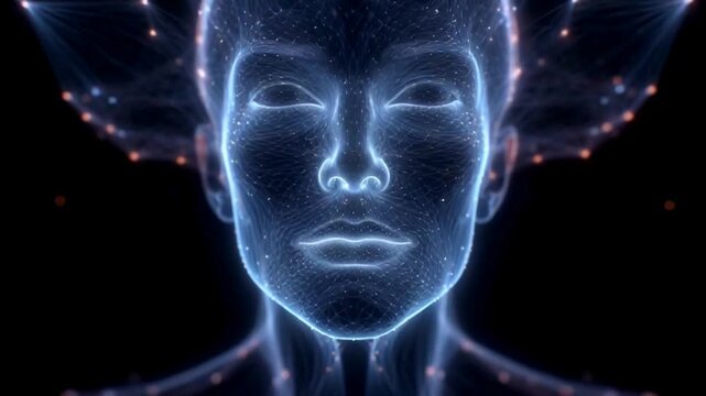 A digital representation of a human head, illuminated by a network of glowing blue particles and interconnected nodes.