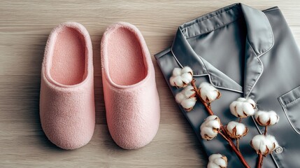 Soft indoor footwear and folded satin sleepwear are arranged on a light wooden surface with decorative cotton branches.