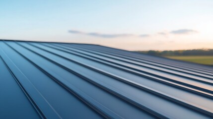 Metal Roof Texture Reflective Blue Panels Against a Soft Sunset Sky, Horizontal Composition, Landscape, Architecture, Construction, Exterior, Dusk