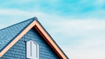 Minimalist Gable Roof Dark Blue Shingles, Natural Wood Trim, Arched Window and Cyan Sky, Architecture, Minimalist, Residential, Home