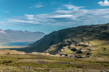 Berufjar&eth;ardalur valley landscape near H&aelig;nubrekkufoss in East Iceland