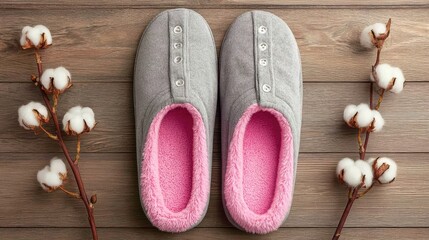 Cozy pair of soft indoor footwear rests alongside natural cotton plant branches on wooden surface