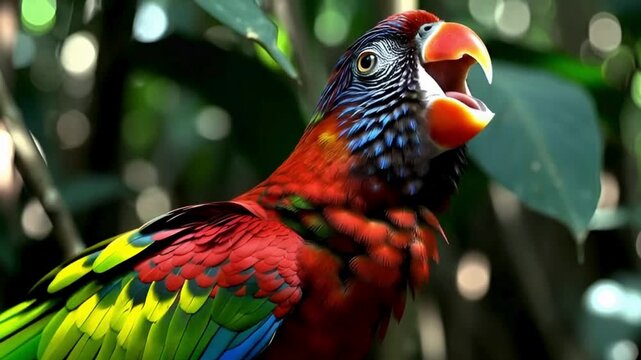 A vibrant parrot showcasing its vivid plumage, with a sharp beak open in a captivating display, nestled amongst the lush green foliage, a colorful and lively wildlife capture.