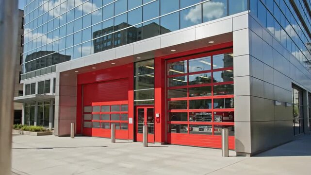 Modern urban building with red garage doors