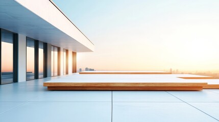 Naklejka premium Modern terrace with minimalist design, panoramic city view, sunset light on glass facade, architectural photography, 3D render, luxury living, outdoor space