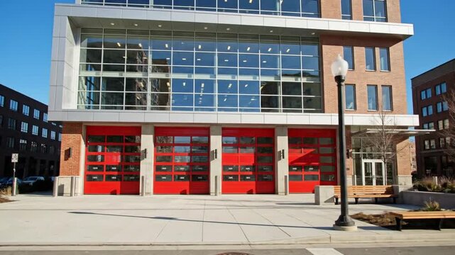 Modern fire station with glass facade and red doors