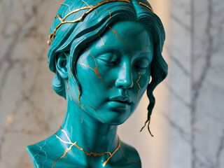 Nahaufnahme eines gr&uuml;nen Frauenkopfes mit goldenen Rissen