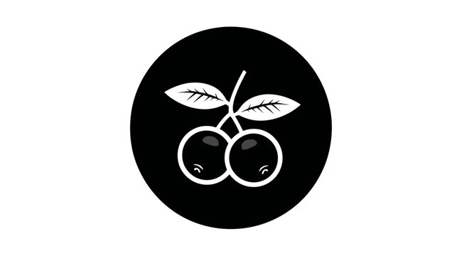 A black circle encloses white cherries with leaves and stem. The fruit has dark dots inside