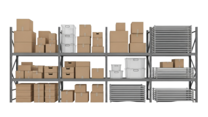 Warehouse storage shelves filled with various cardboard boxes and containers, organized for inventory.