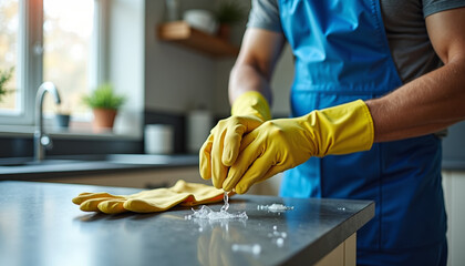 Person in yellow gloves cleaning kitchen countertop with gel.