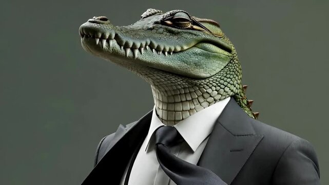 A sophisticated crocodile in a tailored suit embodies power, confidence, and authority, symbolizing business acumen with a touch of unique charm.