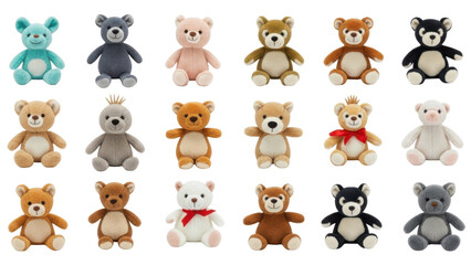 Fototapeta premium Collection of various teddy bears in different colors and styles, arranged in rows.