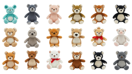 Collection of various teddy bears in different colors and styles, arranged in rows.