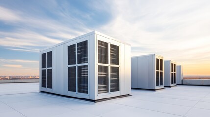 Rooftop HVAC Units Under a Sunset Sky, Modern Architecture, Climate Control, HVAC, Rooftop, Sunset, Architecture