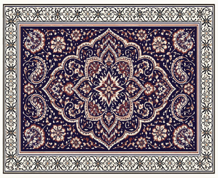 This rectangular decorative textile design features a refined monochrome ornamental border with repeating floral and diamond motifs, framing a richly detailed Multani art&ndash;inspired center. The interior