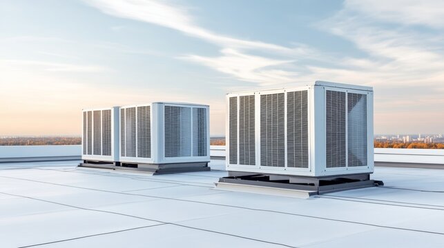 Rooftop HVAC Units under a vast sky, highlighting industrial infrastructure and modern climate control. ,HVAC, Rooftop, Climate Control
