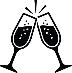 Black and white illustration of two champagne glasses clinking, celebration