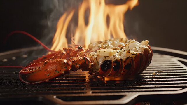 A grilled lobster half, cooking on a barbecue grill with flames rising in the background.