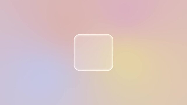 A minimalist rounded square button made of liquid glass, floating on a background with a soft yellow purple gradient, is ideal for modern user interface design and app layouts.