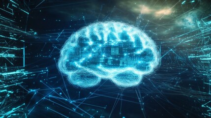 Digital brain illustration features glowing blue lines and data streams, symbolizing artificial intelligence and neural networks in a futuristic technology setting