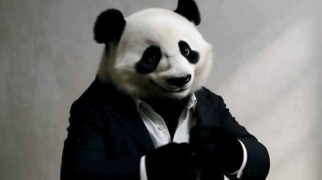 A panda in a suit exudes sophistication, blending nature and the corporate world in a striking, unique portrayal.