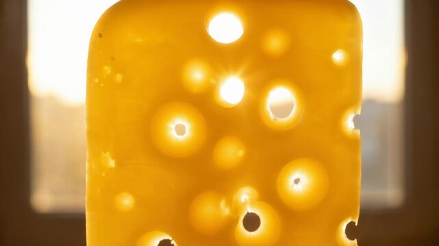 Cheese dairy product with yellow holes showing texture and close up of processing highlighting natural food color and quality warmth