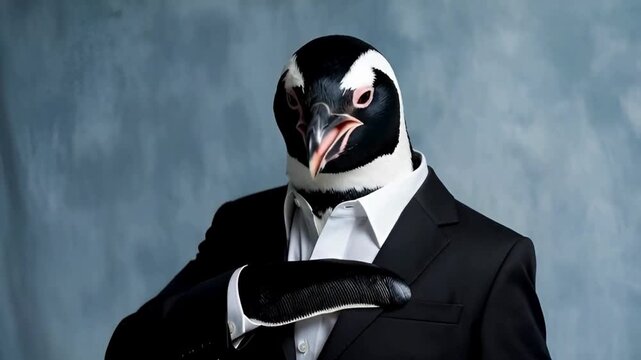 A dapper penguin dressed in a stylish suit embodies the juxtaposition of nature and human attire.