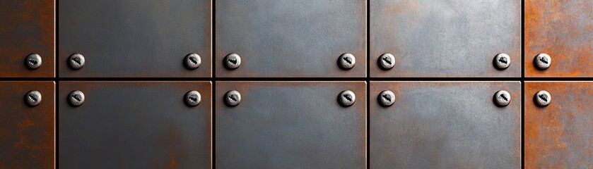 Obraz premium Rusty metal panels with exposed screws in a grid, industrial texture, close-up, weathered surfaces, raw materials. Texture, grid, metal