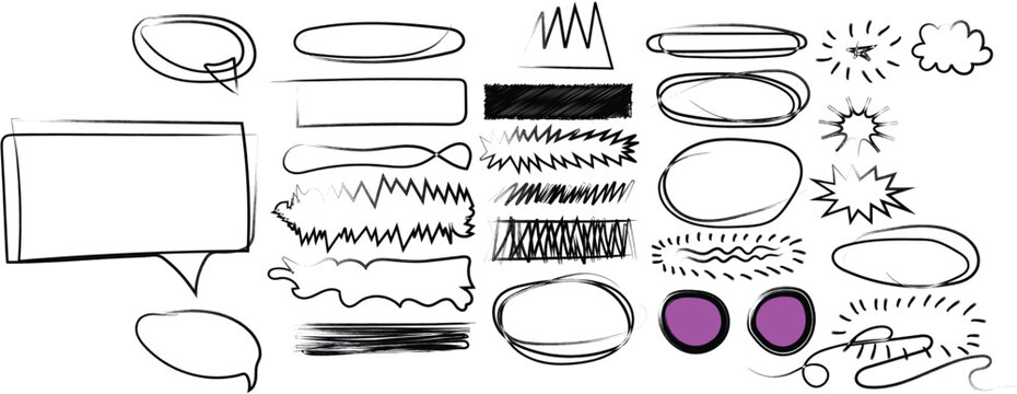 Crayon drawn text box collection. Rectangle and round shapes with pencil sketch texture. Vector ink illustration. Grunge crayon outline text boxes for notes. Hand drawn texture doodle shapes