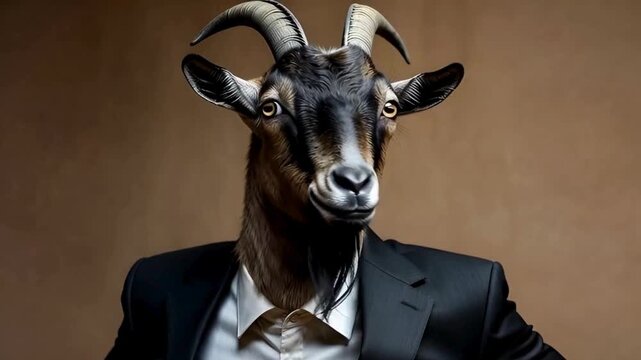 A dignified goat in a stylish suit poses with confidence, projecting a sense of power and sophistication.