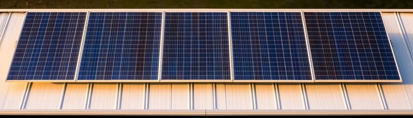 Fototapeta premium Solar panels capture golden hour light on a metal roof, symbolizing renewable energy and sustainable living. Renewable energy, sustainability