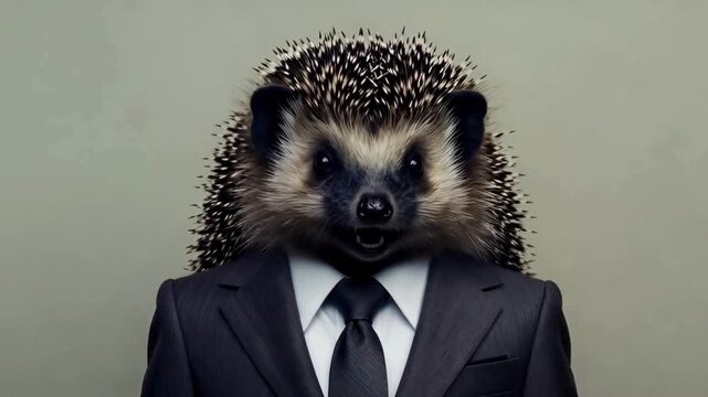 A dapper hedgehog, exuding confidence, stands tall in a perfectly tailored suit and tie, against a muted backdrop.