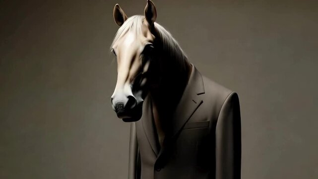 A surreal composite art piece, a horse in a tailored suit, evokes themes of humanization, power, and identity with a dramatic shadow.