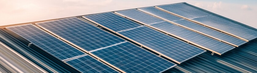 Solar panels on a roof, captured from a high angle with warm sunlight, represent clean energy and sustainability. Sustainable energy, Renewable, Solar power