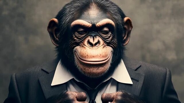 An elegant chimpanzee, dapper in a tailored suit, exudes confidence and intelligence, a surprising combination of primate charm and human sophistication.