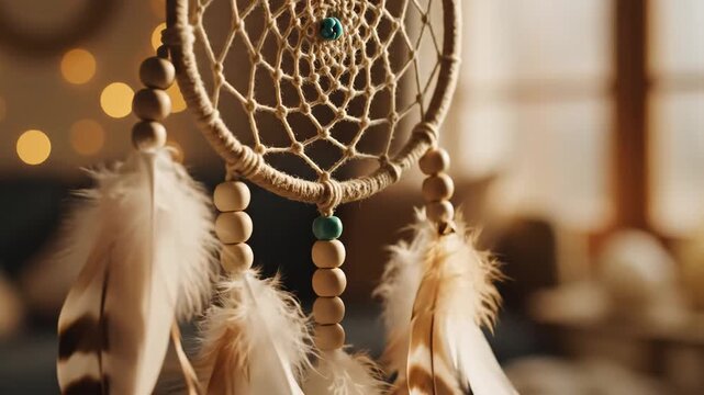 Close up of a handmade dreamcatcher with feathers and beads hanging indoors.