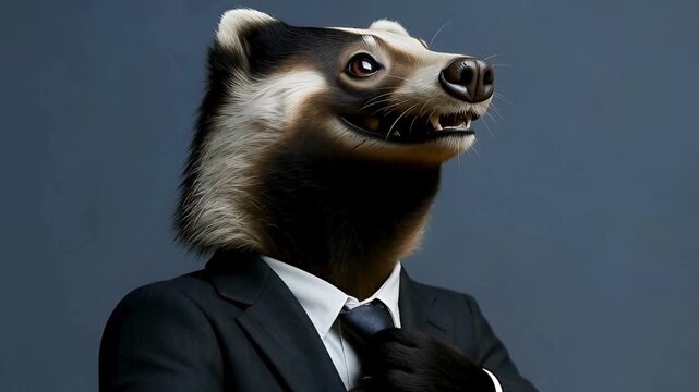 A distinguished badger, impeccably dressed in a tailored suit and tie, exudes an air of confidence and sophistication against a studio backdrop.