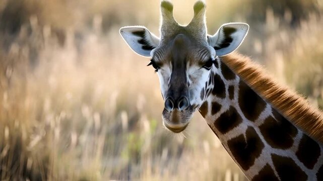 A majestic giraffe, its distinctive coat patterns on display, stands tall, embodying grace and charm, as the sun casts a warm light, transforming the serene landscape into a golden hue.