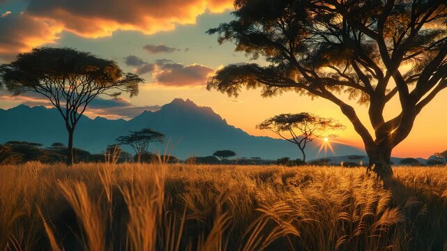 Golden african savanna landscape at sunset with acacia trees and distant mountains under a dramatic sky