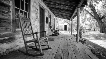 Wooden rocking chairs rest invitingly on the porch of an old stone and log structure