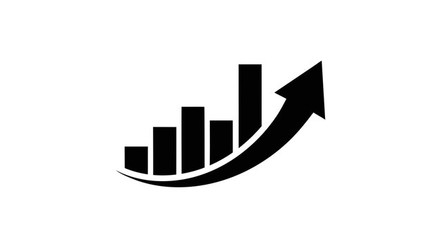 Black bar graph with upward trending arrow isolated on a transparent background