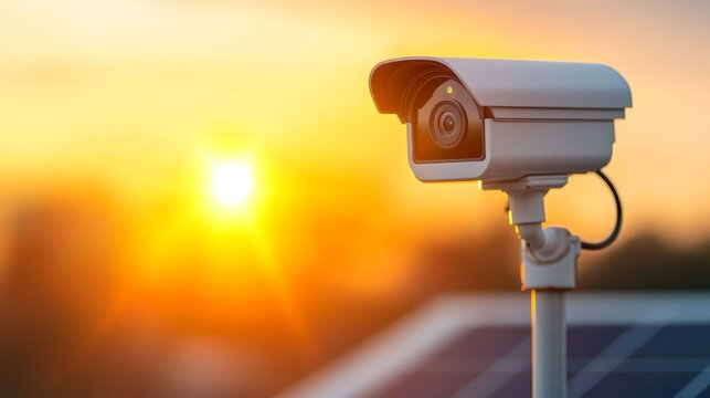Surveillance Camera Against Golden Sunset, Solar Powered Security System, 3rd Eye of Protection, Vigilance, Technology, Sunrise, Sunset