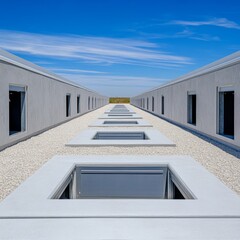Symmetry Two long concrete buildings with skylights create a vanishing point perspective under a clear blue sky. Architecture, Symmetry, Minimalism
