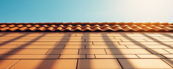 Terracotta tiles and clear sky, geometric shadow patterns on roof.Architecture, Patterns, Shadows, Tiles, Sky, Roof